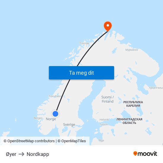 Øyer to Nordkapp map