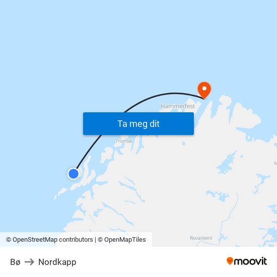 Bø to Nordkapp map