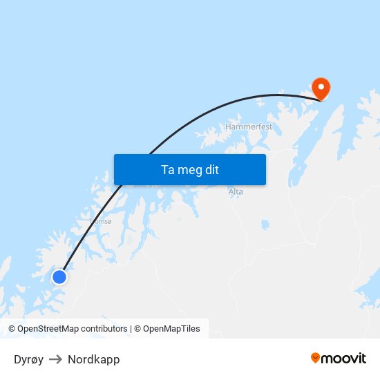 Dyrøy to Nordkapp map