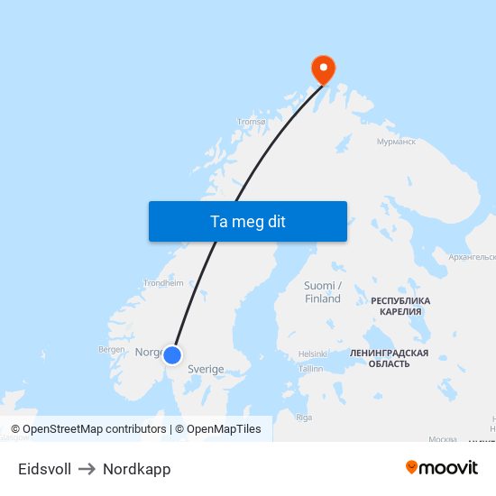 Eidsvoll to Nordkapp map