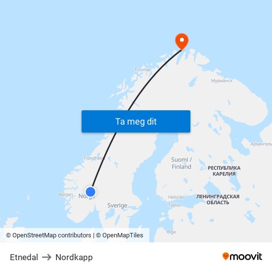 Etnedal to Nordkapp map