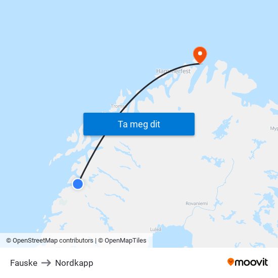 Fauske to Nordkapp map