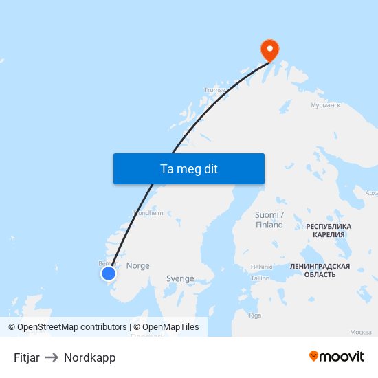 Fitjar to Nordkapp map