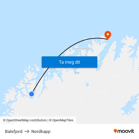 Balsfjord to Nordkapp map