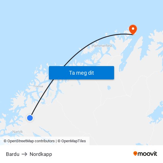 Bardu to Nordkapp map