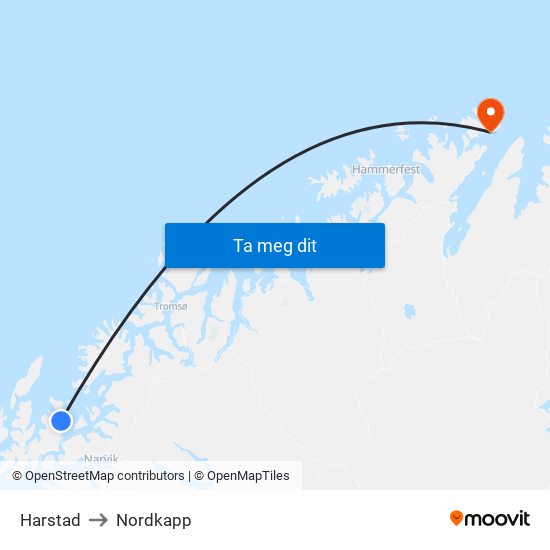 Harstad to Nordkapp map
