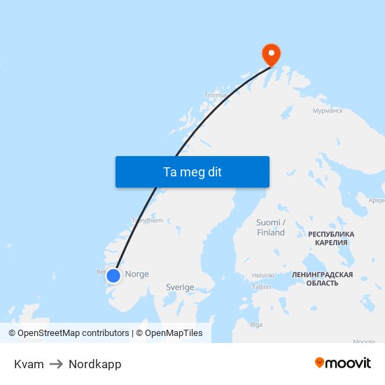 Kvam to Nordkapp map