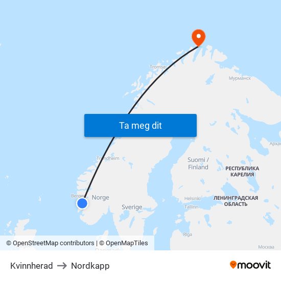 Kvinnherad to Nordkapp map