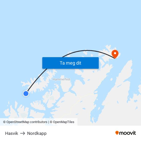 Hasvik to Nordkapp map