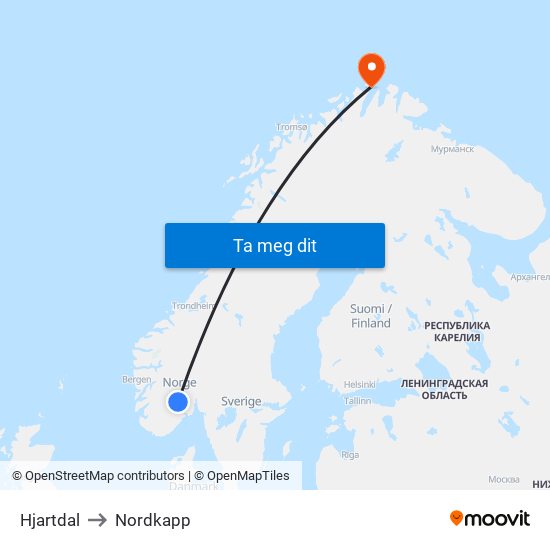 Hjartdal to Nordkapp map