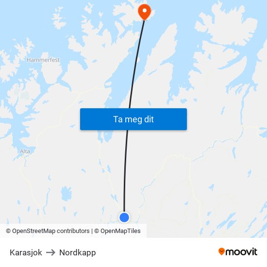 Karasjok to Nordkapp map