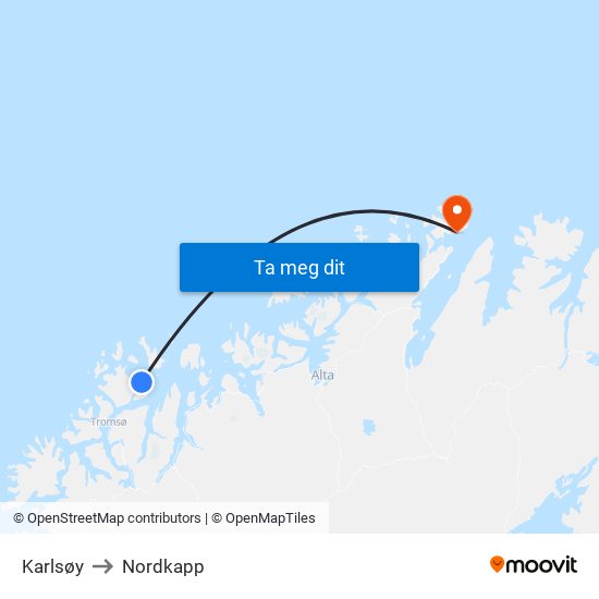 Karlsøy to Nordkapp map