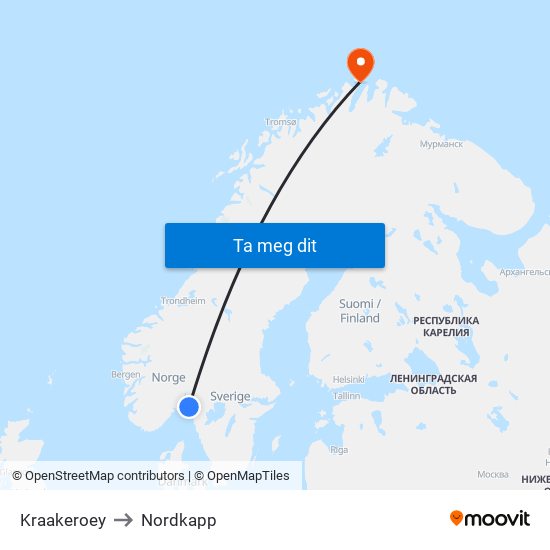 Kraakeroey to Nordkapp map