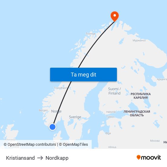 Kristiansand to Nordkapp map