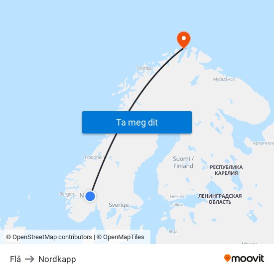 Flå to Nordkapp map