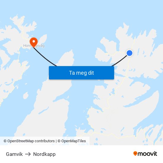 Gamvik to Nordkapp map
