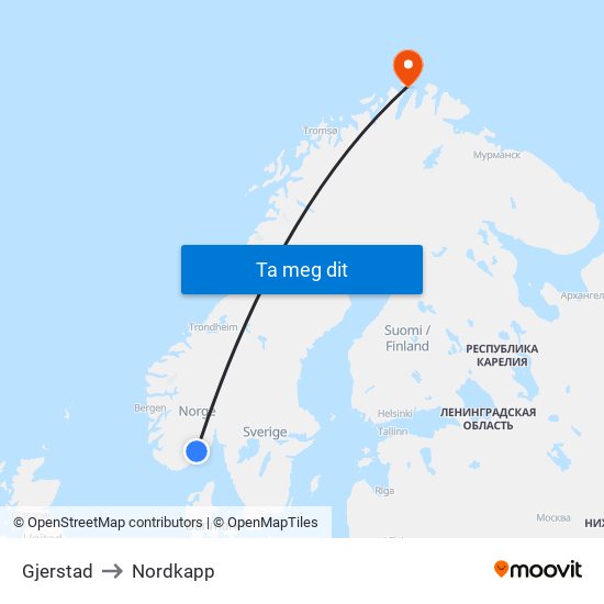Gjerstad to Nordkapp map
