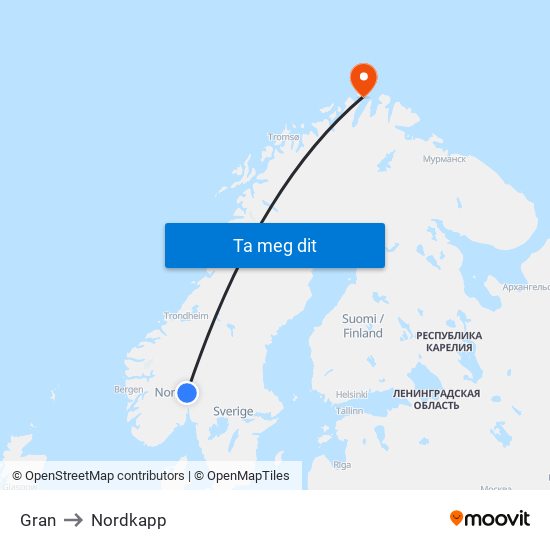 Gran to Nordkapp map