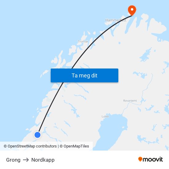 Grong to Nordkapp map