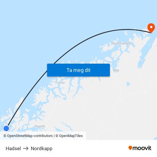 Hadsel to Nordkapp map