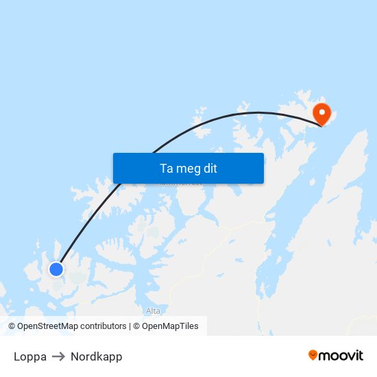 Loppa to Nordkapp map