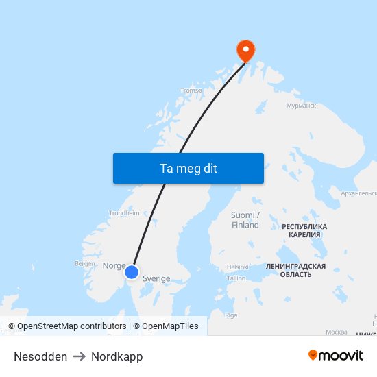 Nesodden to Nordkapp map