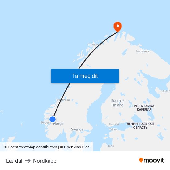 Lærdal to Nordkapp map