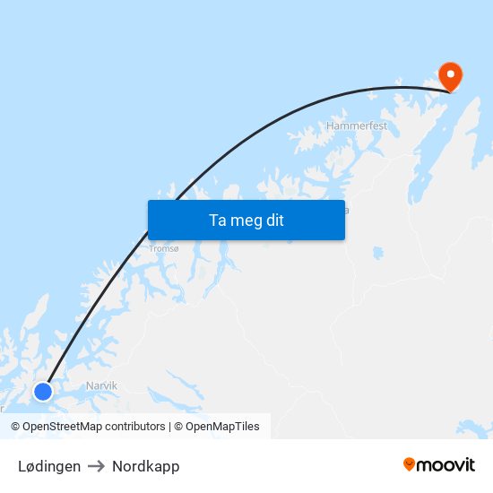 Lødingen to Nordkapp map