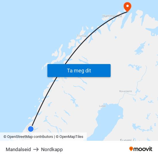 Mandalseid to Nordkapp map