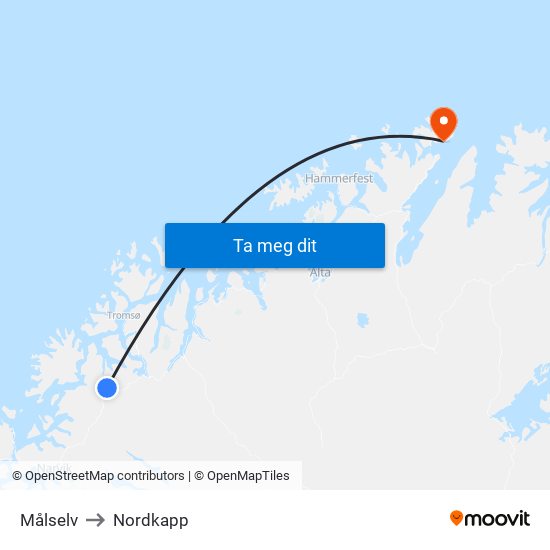 Målselv to Nordkapp map