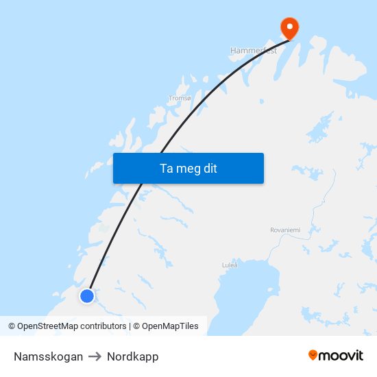 Namsskogan to Nordkapp map