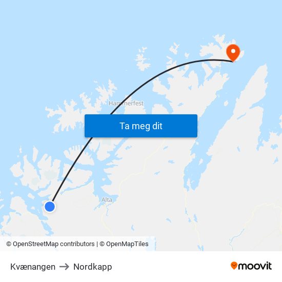 Kvænangen to Nordkapp map