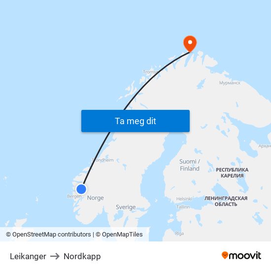 Leikanger to Nordkapp map