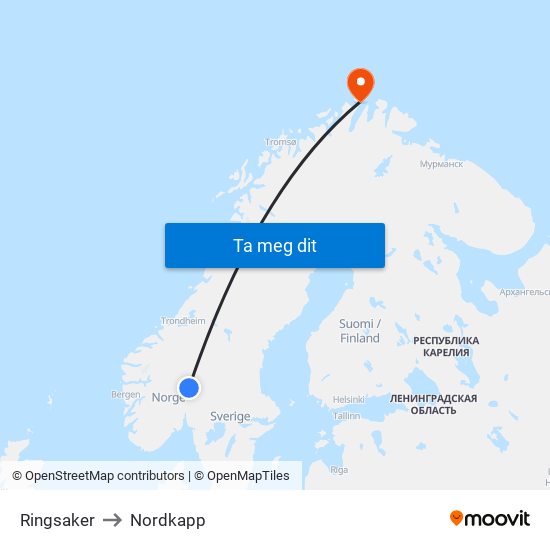 Ringsaker to Nordkapp map