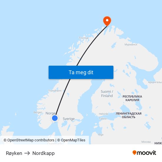 Røyken to Nordkapp map