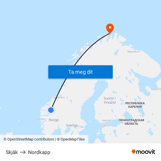 Skjåk to Nordkapp map