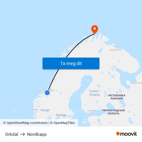 Orkdal to Nordkapp map