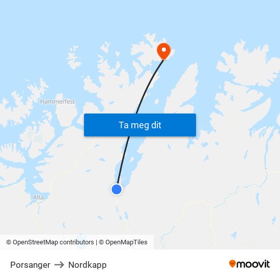 Porsanger to Nordkapp map