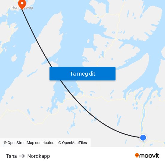 Tana to Nordkapp map