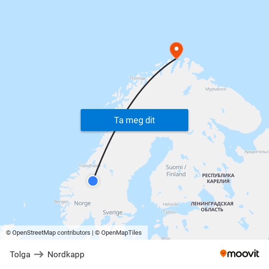 Tolga to Nordkapp map