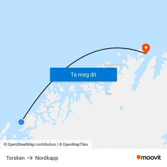Torsken to Nordkapp map