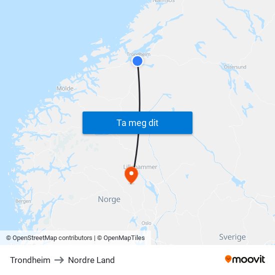 Trondheim to Nordre Land map