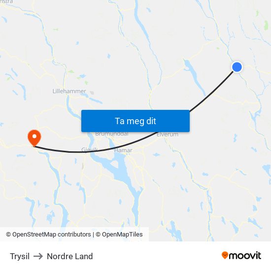 Trysil to Nordre Land map