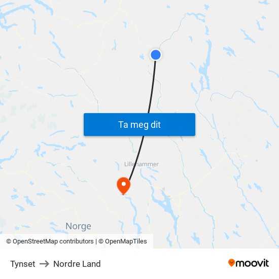 Tynset to Nordre Land map
