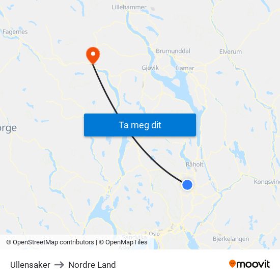 Ullensaker to Nordre Land map