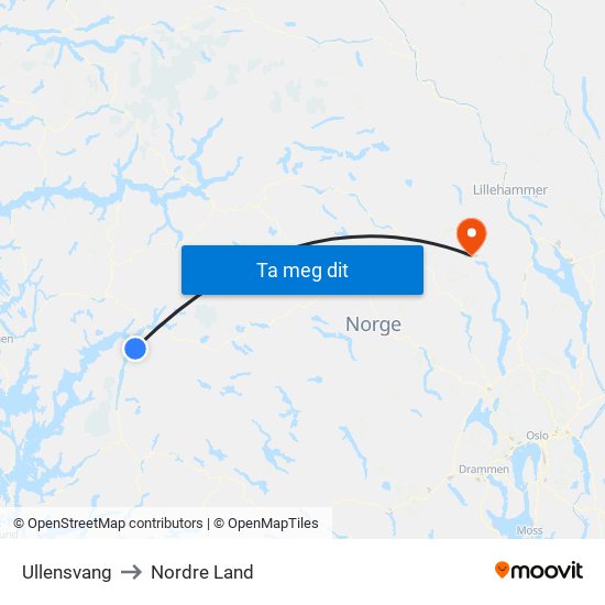 Ullensvang to Nordre Land map