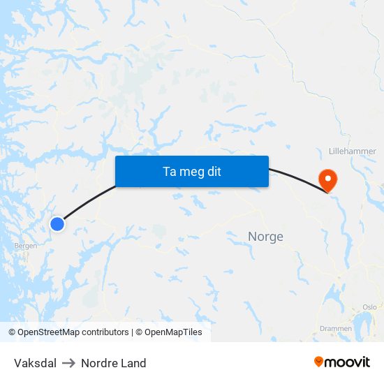 Vaksdal to Nordre Land map