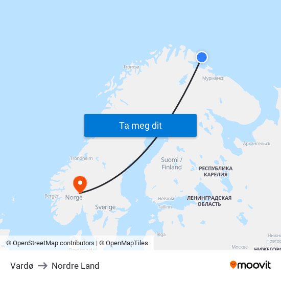 Vardø to Nordre Land map