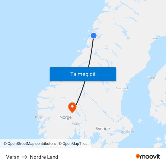 Vefsn to Nordre Land map