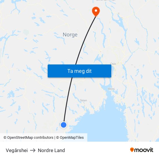 Vegårshei to Nordre Land map